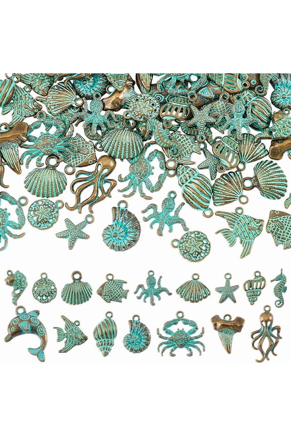 PH 64Pcs 16 Styles Ocean Theme Charm Sea Life Charms Bulk Bronze Turquoise Color Ocean Animal Vintage Fish Charms for DIY Jewelry Making Charms Necklace Bracelet Earring Colorful
