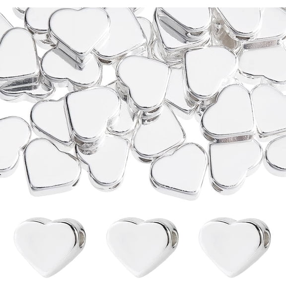 PH 66pcs Heart Beads Silver Love Heart Spacer Beads 6x7mm Metal Heart Charm Long-Lasting Bead for Valentine Mother's Day Necklace Bracelet Earring Wedding Jewelry Making