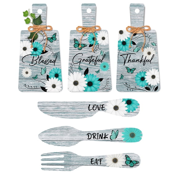 PH 6Pack Wooden Cutting Board Signs Set Blue Daisy Pattern Kitchen Wall Decor Rustic Farmhouse Art Hanging