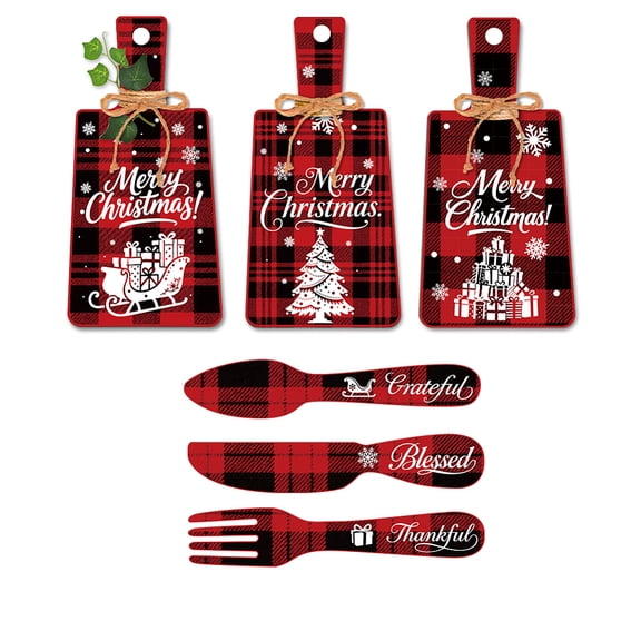 PH 6pcs Christmas Wooden Sign Red Plaid Christmas Kitchen Eat Sign Decorations Wall Decor Eat Art Hanging Fork Spoon Dining Signs