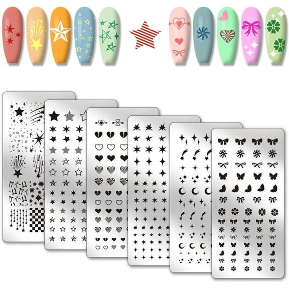 PH 6pcs Stars Moon Pattern Nail Stamp Plate Heart Print Art Template Stainless Steel Nail Image Plate Butterfly Pattern Nails Art Stencils for Women DIY Printing 4.7x2.3 inch grey
