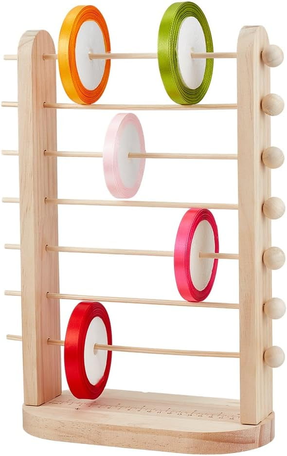 PH 7-Tier Wooden Ribbon Organizer Rack Spool Holder Storage Ribbons Storage Stands Thread Organizer Holder Crochet Roll Display Shelf for Mesh Wreath Tulle Sewing Craft Gift Wrapping