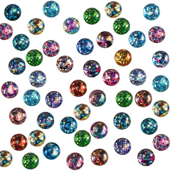 PH 70pcs 35 Styles Flat Fish Skin Glass Cabochons Dragon Scales Glass Cabochons Dome Gems for Photo Cameo Pendant Jewelry Making Scrapbooking (12mm) for DIY