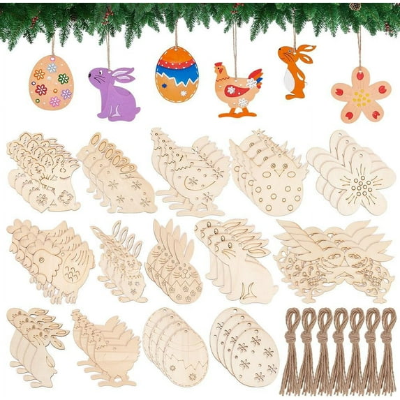 PH 70pcs Easter Ornaments Unfinished Wood Cutouts Bunny Egg Wooden Slices Flower Chick Wood Hanging Ornaments Blank Wooden Paint Crafts Carved Tags with Ropes for Easter Decor Wheat
