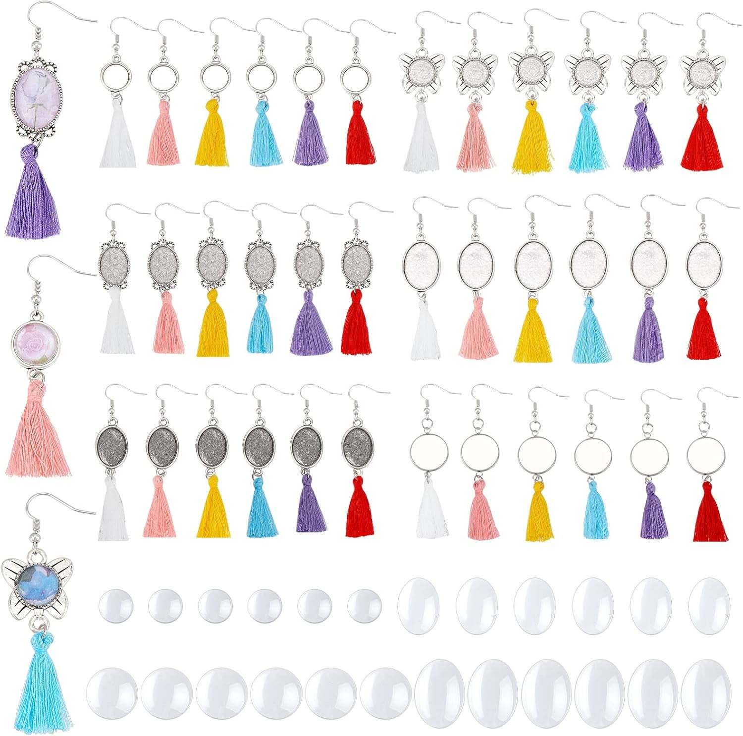 PH 72 Sets Earring Cabochon Setting Blank 6 Styles Earring Bezel Trays Hooks Dangle with Glass Clear Cabochon Tassel Wire Earring for Memorial Photo Pendant Jewelry Making DIY Craft for DIY