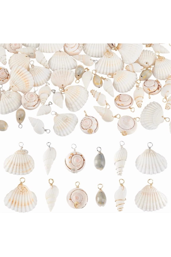 PH 72pcs 12 Styles Natural Shell Pendants White Cowrie Shell Pendants Natural Seashells Charms Jewelry Charms for Jewelry Making Home Decor Wedding Summer Ocean Beach Party Colorful DIY