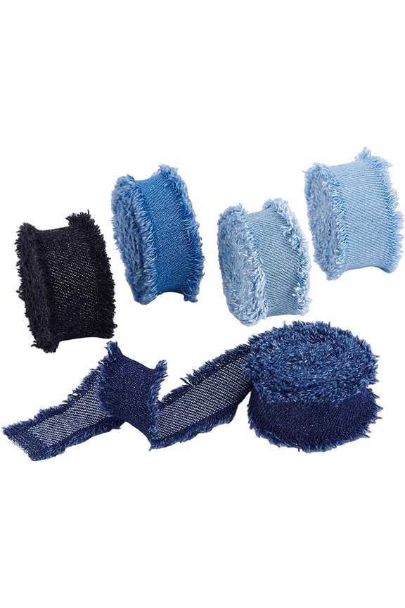 PH 8 Yards 5 Colors Denim Ribbons 1 inch Rustic Frayed Fringes Fabric Ribbon Wrapping Ribbon Dusty Blue Ribbon for Wedding Invitations Gift Wrapping Bridal Bouquets DIY Crafts 5 Rolls