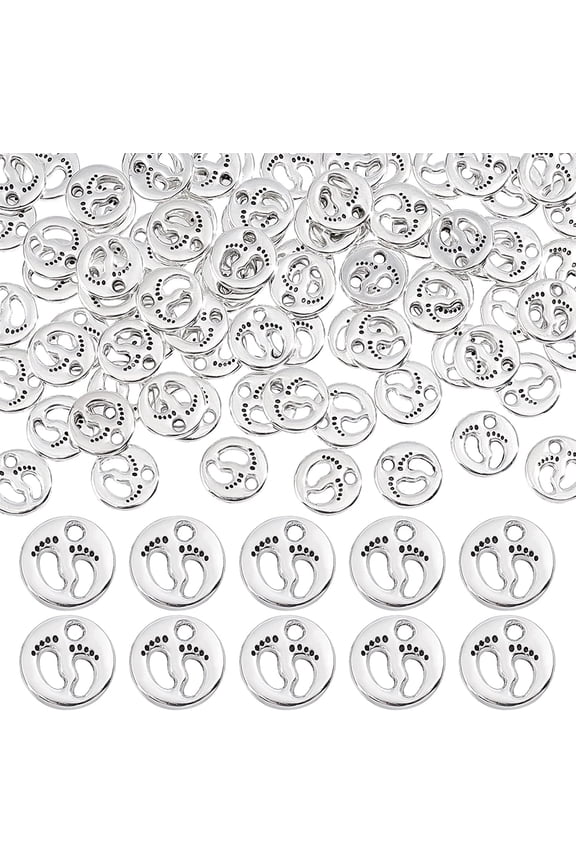 PH 80pcs Foot Footprint Charms Silver First Step Feet Pendants Tibetan Alloy Pendant Beads Charms for DIY Necklace Bracelet Jewelry Making Silver