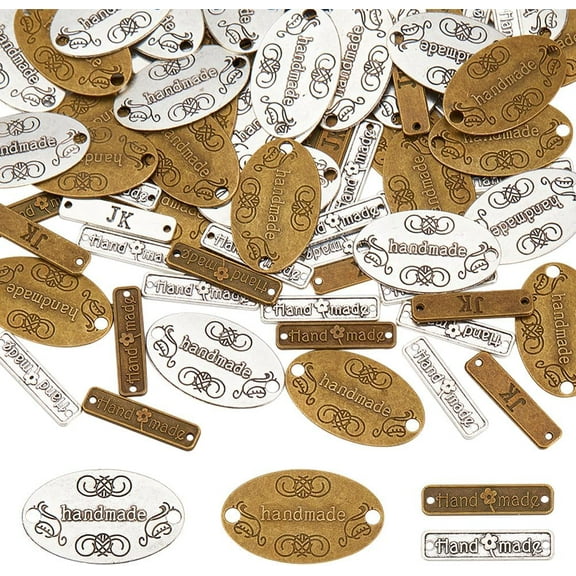 PH 88pcs 2 Shapes Handmade Metal Tags Tibetan Alloy Handmade Labels Pendant Bead Charm Metal Label Tag Signs for DIY Crafts Jewelry Making Bronze and Silver colorful