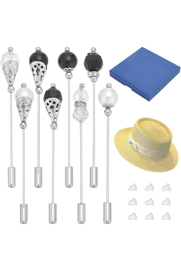 PH 8PCS Black White Glass Beaded Hat Pins 8 Styles 2.8inch Long Brass Lapel Pins with Glass Pearl Long Handle Hat Pins for Scarves and Hats Lapel Pin Jewelry Accessories Silver Silver