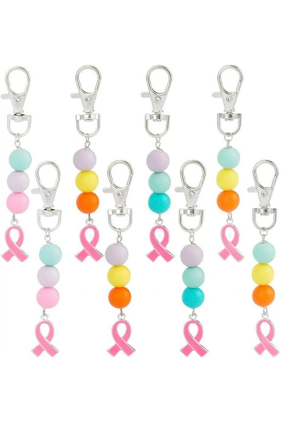 PH 8pcs Pink Ribbon Awareness Keychains Silicone Bead Keychain Lanyards Bag Pendant Ribbon Breast Cancer Awareness Ribbon Key Chain Gift for Mom Sister Auntie colorful