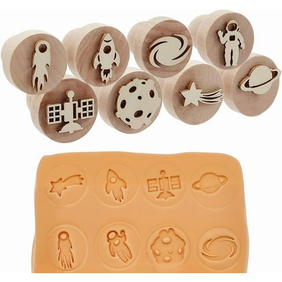 PH 8pcs Space Style Wooden Stamp Round Planet Stamp Small Natural Wood Astronaut Rocket Stamps Clay Pottery Stamps with Handle for DIY Craft Clay Pottery Ceramic 1.7x1.5inch White