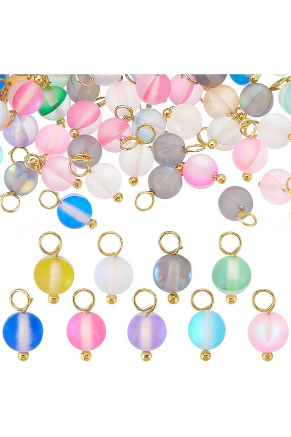 PH 9 Colors Moonstone Charms 90pcs Gemstone Pendants Stone Charms Moonstone Iridescent Beads Pendants with Brass Loops for Necklace Earrings Bracelets Jewelry 10.5x6mm Mixed Color