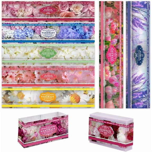 PH 90PCS Flower Wrap Paper Tape 9 Styles Soap Packaging Paper Rectangle Crafts Wrapper Sleeves Covers Vertical Tags for Handmade Soap Lotion Bars Bath Gift Wrapping 8.2x1.9inch for DIY