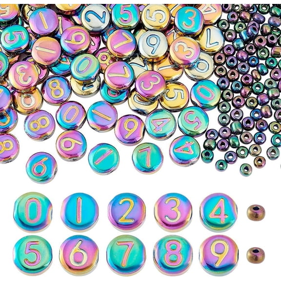 PH 90pcs 10x4mm Number Beads 140pcs 4mm 6/0 Seed Beads Rainbow Color Glass Bead Metallic Flat Round Loose Spacer Bead for Crafts Bracelets Necklaces Earrings DIY Jewelry Making