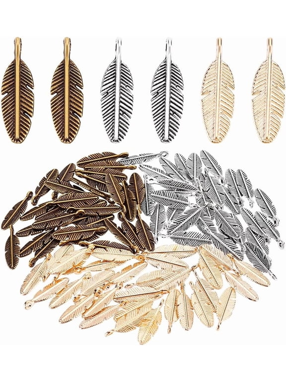 PH 90pcs 3 Colors Feather Charms 20x6mm Feather Pendants Cute Vintage Pendants Tibetan Feather Dangle Charms Plumage Charm for DIY Earring Necklace Bracelet KeyChain Bookmark Jewelry Making Colorful