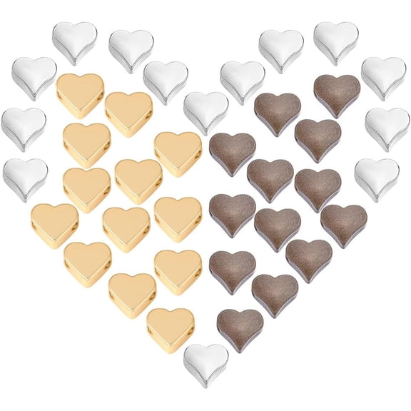 PH 90pcs Heart Beads 3 Colors Heart Spacer Beads Brass Beads Gold Silver Love Beads Metal Beads Loose Spacer Beads for Mother's Day Wedding Valentine's Day DIY Bracelets Earring Making Colorful