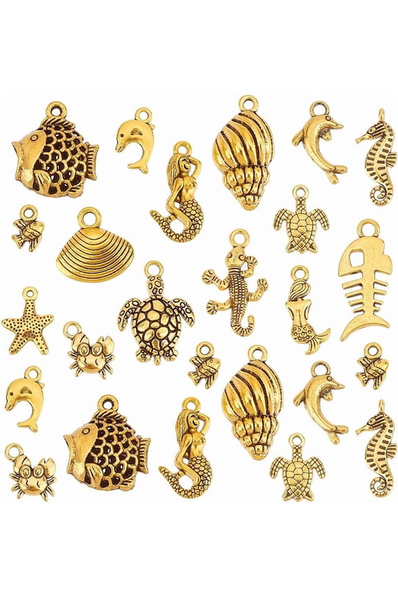 PH 90pcs Ocean Themed Charms 15 Styles Metal Fish Charms Gold Sea Creatures Pendants Marine Animal Charms Starfish Conch Seashell Charm for Necklace Bracelet Jewelry Making for DIY