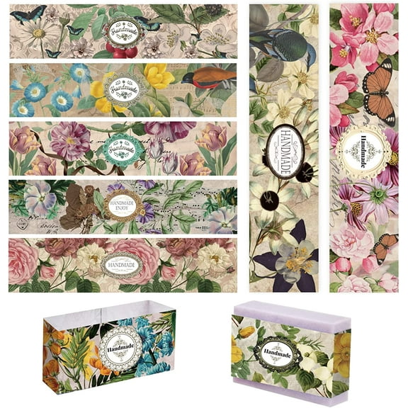 PH 90pcs Vintage Flower Wrapper Tape 9 Styles Handmade Crafts Band Label Paper Tape Wrap Label Tape Vertical Tag Sleeves Covers for Handmade Soap Lotion Bar Bath Gift Wrapping 8.2x1.9 inch