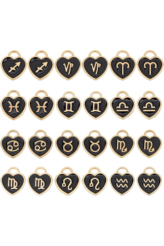 PH 96pcs Heart Constellation Charms Zodiac Sign Enamel Pendants Double Sided Astrology Horoscope Dangle Pendants Black DIY