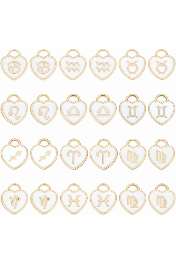 PH 96pcs Heart Constellation Charms Zodiac Sign Enamel Pendants Double Sided Astrology Horoscope Dangle Pendants White