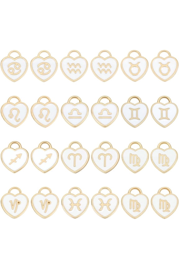 PH 96pcs Heart Constellation Charms Zodiac Sign Enamel Pendants Double Sided Astrology Horoscope Dangle Pendants for DIY White