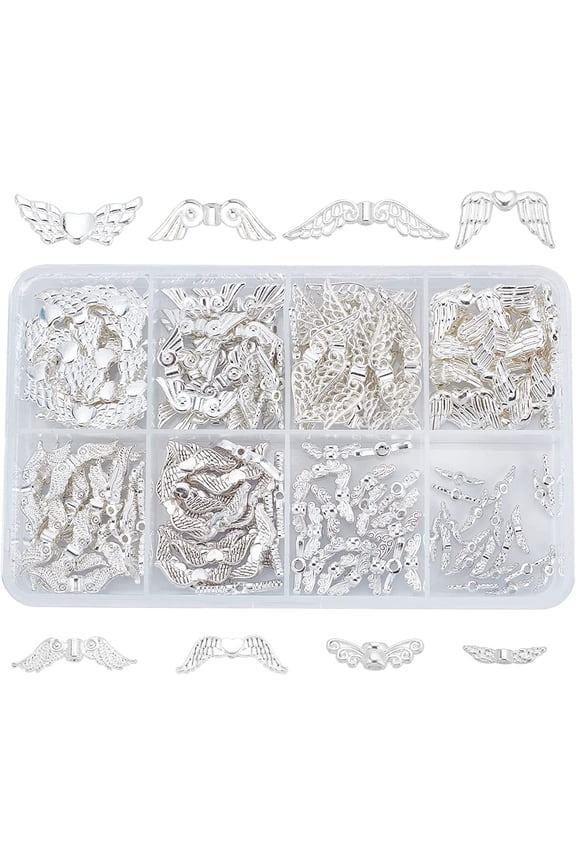 PH Angel Wings for Crafts 160pcs 8 Styles Angle Wing Bead Wing Spacer Beads Bright Silver Tibetan Style 12~32mm Alloy Retro Fairy Wing Charm Beads for Jewelry Keychain Gift Bag Tree Hanging for DIY