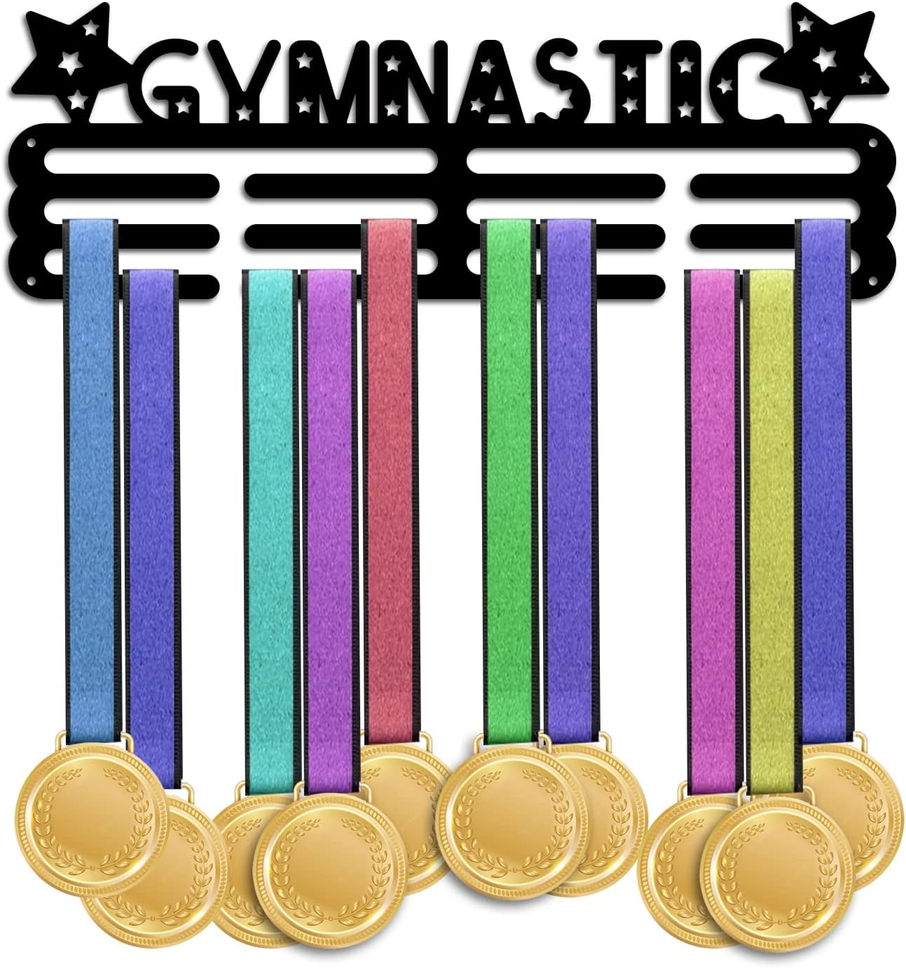 PH Award Medal Display Gymnastics Pattern Medal Holder Display Hanger Metal Medal Rack Holder Frame Awards Ribbon Holder Wall Mount Tiered Award Rack for Over 60 Medals Runner Athletes Black
