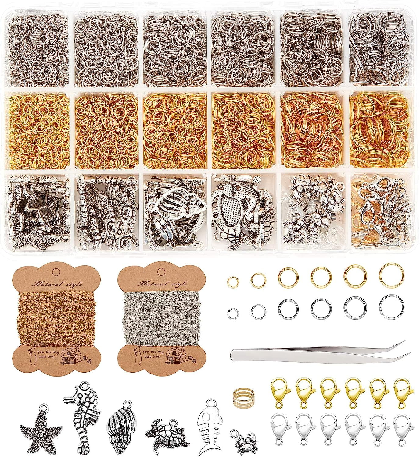 PH Chains Jewelry Making Kit 65 Feet Link Cable Chain with 3000pcs Jump Rings 60pcs Lobster Claw Clasps 60pcs Sea Charms Tweezers Jump Ring Opener Platinum Golden Metal Mixed Color