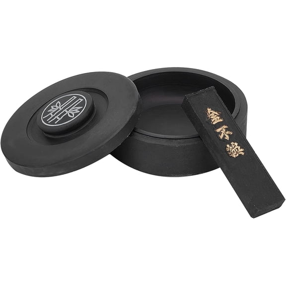 PH Chinese Calligraphy Inkstone Taditional Ink Stones Rectangle Ink Stick with Round Cover Natural Stone Wavy Storage Inks for Chinese Calligraphy Sumi Painting Practice Black DIY