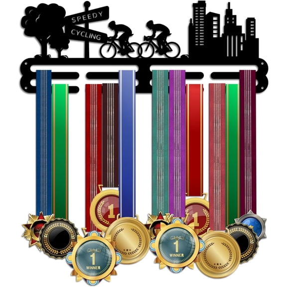 PH Cycling Medal Hanger Display Competition Medal Holder 3 Lines Sport Award Rack Wall Mount Iron Frame for Over 50 Medals Necklace Jewelry 40x15cm/15.7x5.9inch Black