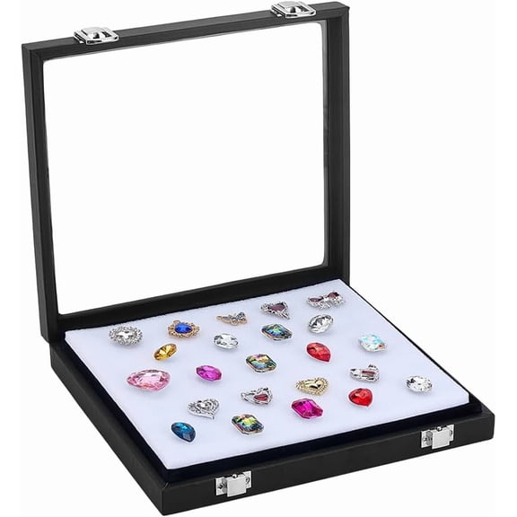 PH Diamond Storage Box Leather Jewelry Display Case Gemstone Display Box Gem Containers Boxes Glass Top Jewelry Organizer with Sponge and Clasp for Collectible Rhinestone Showcase Black