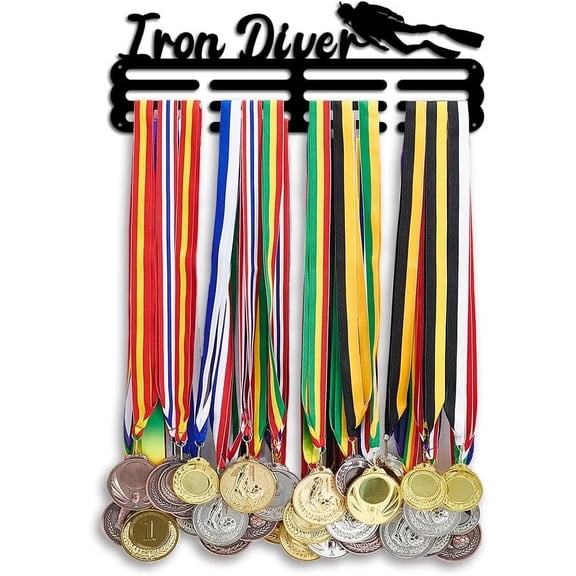 PH Diving Medal Display Word Medal Hanger Holder Display Rack Awards Ribbon Cheer 3 Lines Sport Award Rack Wall Mount Metal Frame for Over 50 Medals Easy to Install 15.75 Inch Black