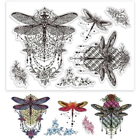 PH Dragonfly Clear Stamps for Card Making Insect Clear Rubber Stamps Flower Stamps Paper Craft Stamp Floral Clear Stamps for DIY Scrapbooking Album Notebook Decor Crafting Decoration Silver