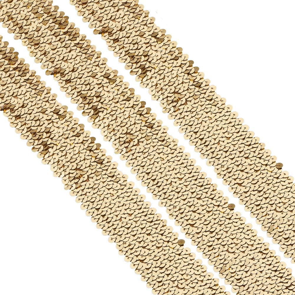 PH Elastic Sequin Flat Glitter Stretch Bling Paillette Fabric Ribbon Applique Trim Lace Band for Dress Embellish Headband (45mm/ 1.7inch Wide 10yard Long Gold) Gold