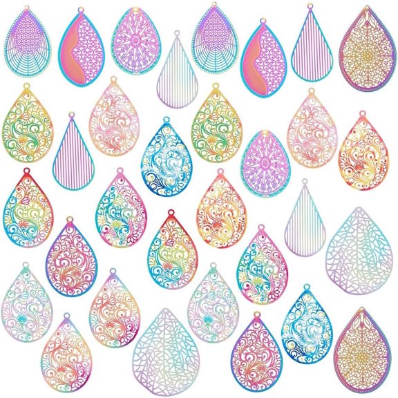 PH Filigree Pendants Stainless Steel Hollow Charms Rainbow Teardrop Pendants Flat Metal Charms for DIY
