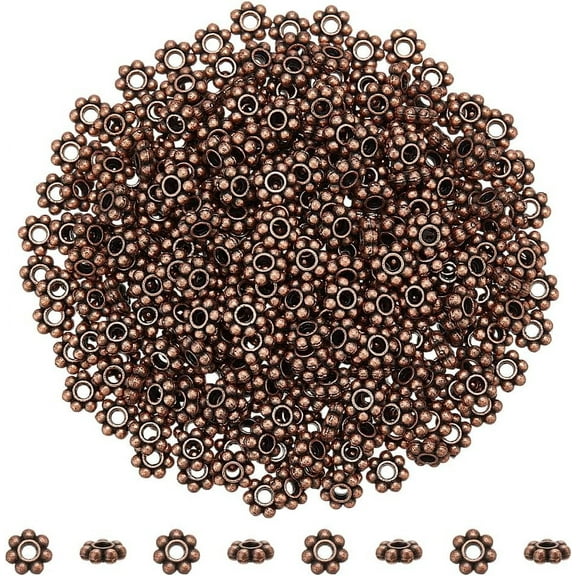 PH Flat Flower Spacer Beads Metal Spacer Flower Bead Alloy Daisy Bead Loose Beads for Jewelry DIY Crafts Making (Red Copper) Red