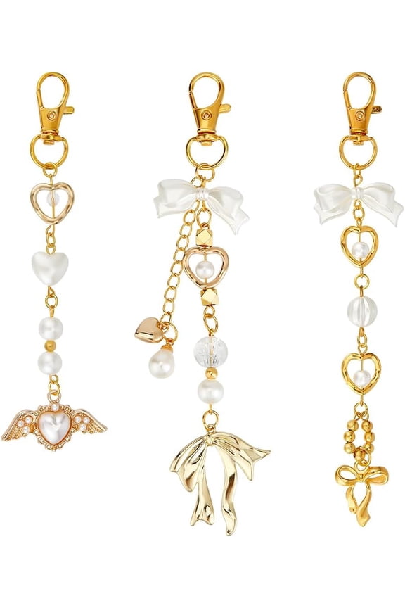 PH Gold Keychain 3pcs Heart Pearl Bag Charm Metal Key Chain Charms Acrylic Pearl Keychain with Swivel Clasps for Women Handbag Purse Wallet Making Wedding Decoration 4.7-6.3'' Gray