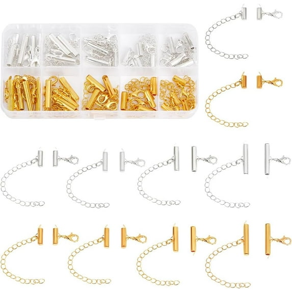 PH Gold Silver Tube Slider End Caps 40pcs Multylayers Connector Clasp 10 Size Beading Slide Tube Cord Ends with Lobster Claw Clasps Kit for DIY Multi-Strand Necklace Earring Jewelry Making