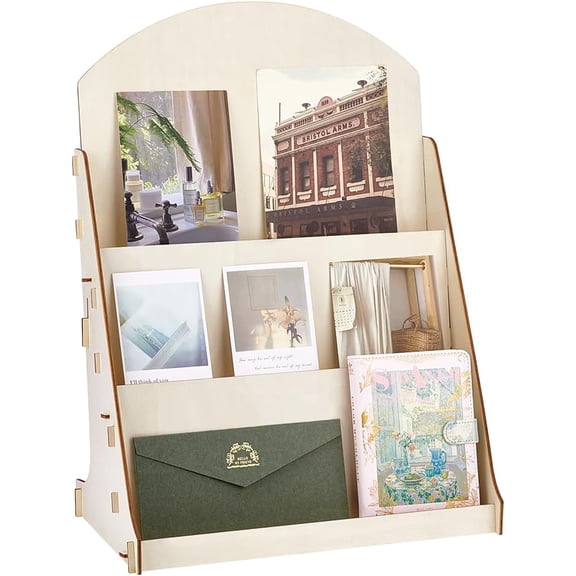 PH Greeting Card Display Stand 3-Tiered Picture Stands for Display Wooden Stickers Display Card Organizer for Greeting Card Photos Postcard Coasters Bookmarks Vendors 15.7x9.4x22.4 inches