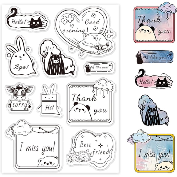 PH Greeting Words Clear Stamps Set 10pcs Cute Animals Dialog Box with Blessing Words Transparent Stamps Acrylic Stamps for Card Making Rubber Stamps for Journaling Scrapbooking colorful