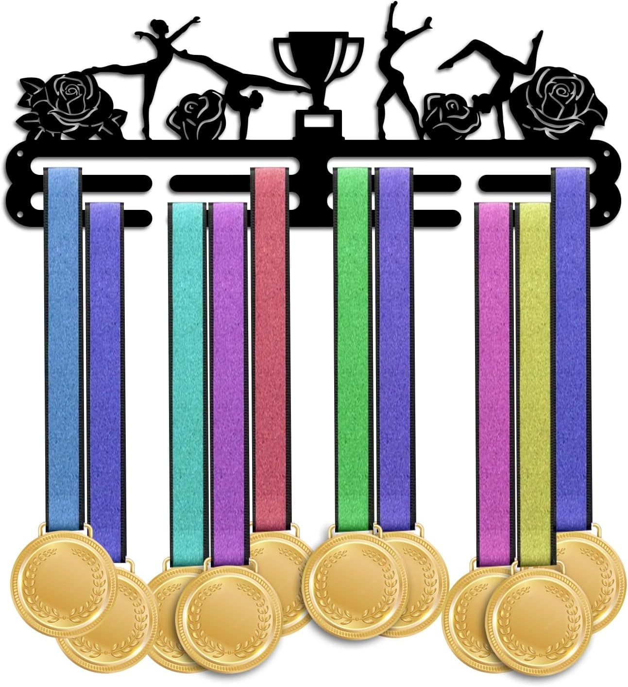 PH Gymnastics Medal Holder Flower Medal Hanger Display Rack Wall Mount Hanger Decor Trophy Shelf Tiered Award Rack Award Ribbon Hanger for Over 50 Medals Easy to Install 15.75 Inch Black