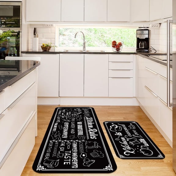 PH Kitchen Rugs Set of 2 Black Kitchen Mats Kitchens Rules Theme Non Skid Rug Cushioned Standing Mat Outdoor Runner Rugs for Home Floor Entryway Hallway Laundry Bedroom 30"x17" + 47"x17"