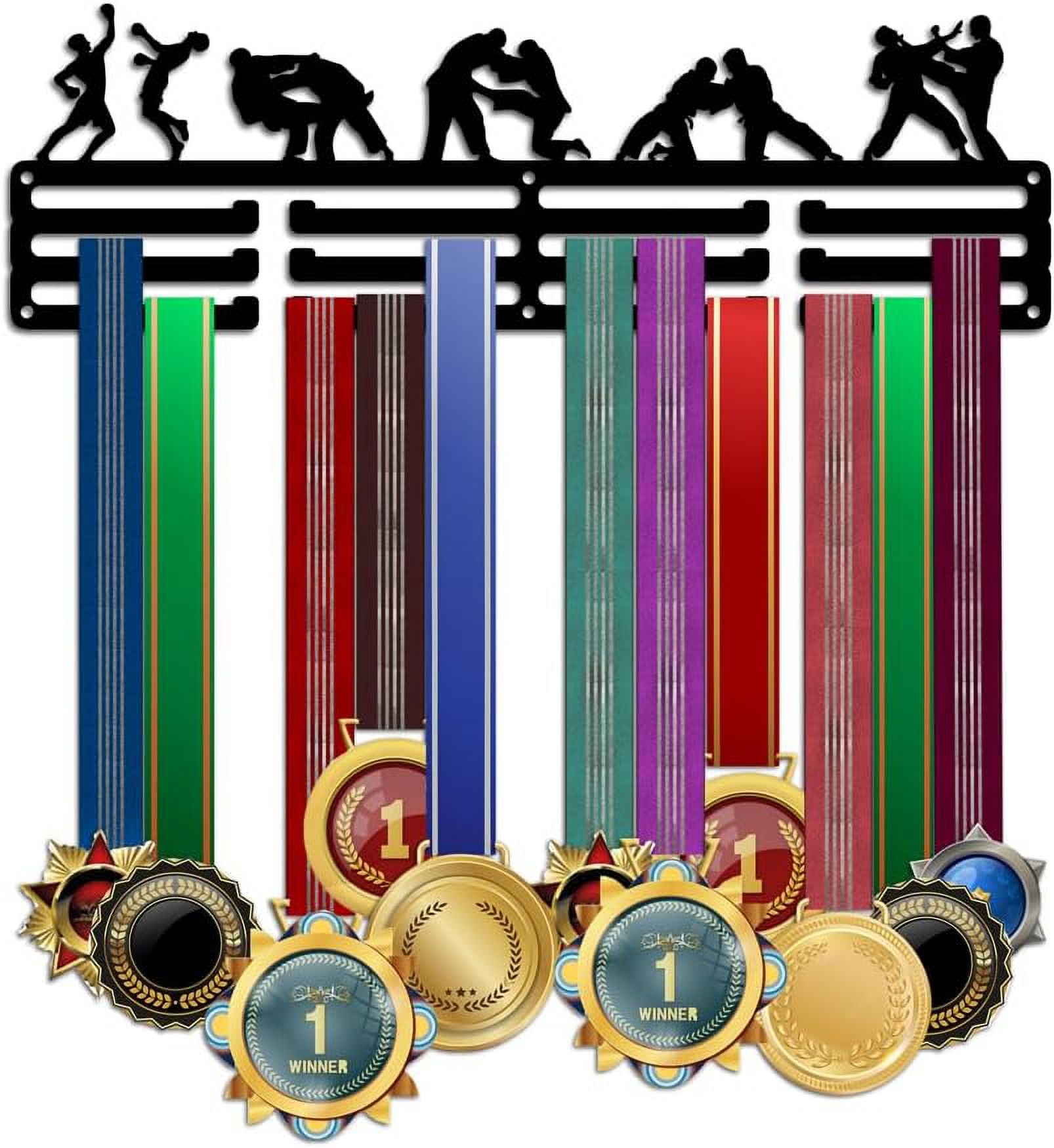 PH Kung Fu Medal Hanger Display Medal Holder Rack Wall Mount Hanger Decor Trophy Shelf 3 Tiered Award Rack Award Ribbon Hanger with Gift Box for Over 50 Medals Easy to Install Black