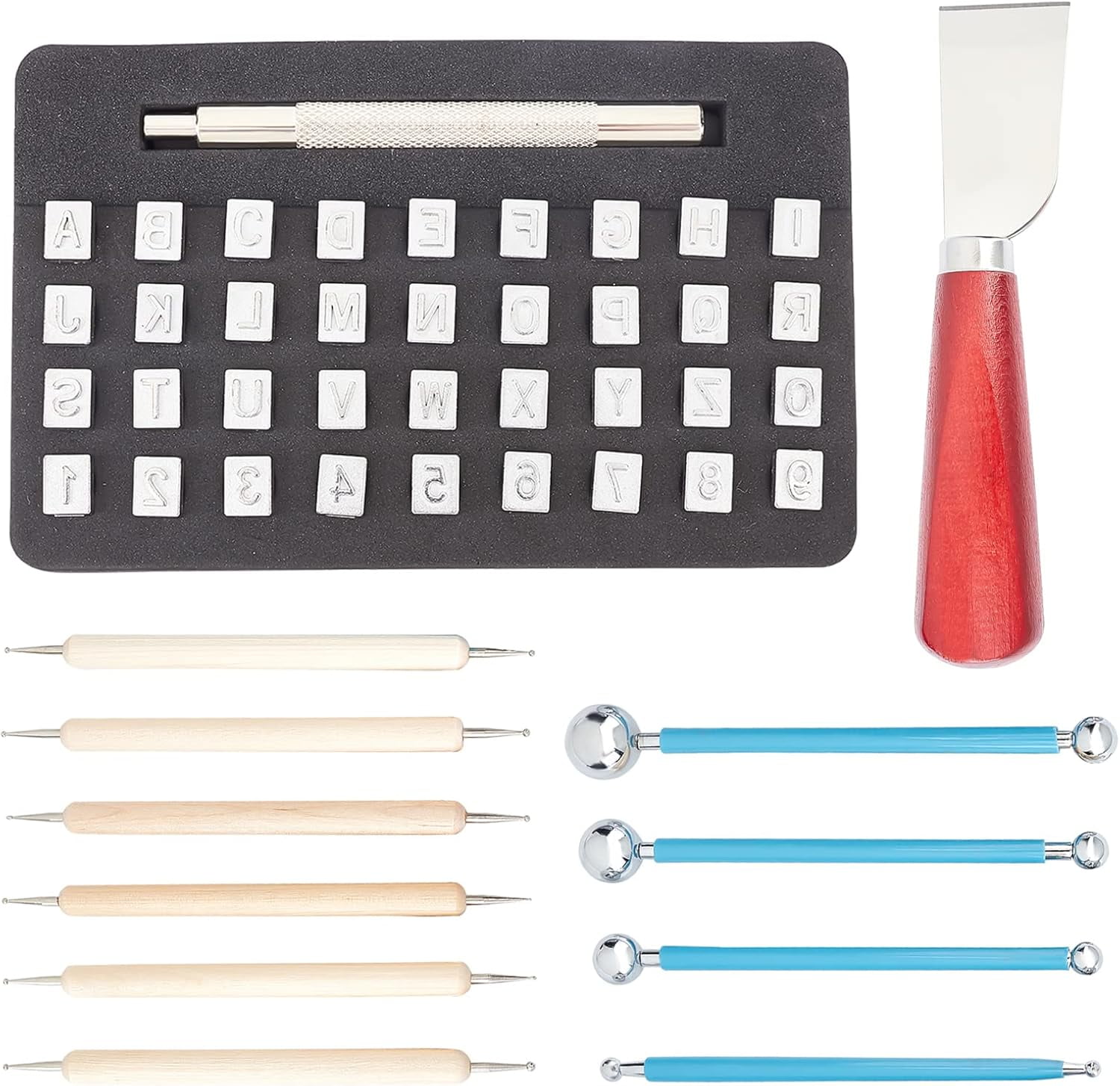 PH Leathercraft Metal Stamp Punch 48pcs Leather Stamping Carving Tool Kit 8mm Letter Number Stamping Punch Set with Handle Leather Skiving Cutting Tool and Tracing Pens for Leather Craft