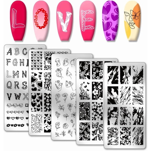 PH Letter Love Heart Nail Art Templates 5pcs Flowers Nail Stamp Plate Stainless Steel Nail Stamps Art Stencils Face Nail Plates for DIY Print Manicure Design 4.7x2.3 Inch Multi-color
