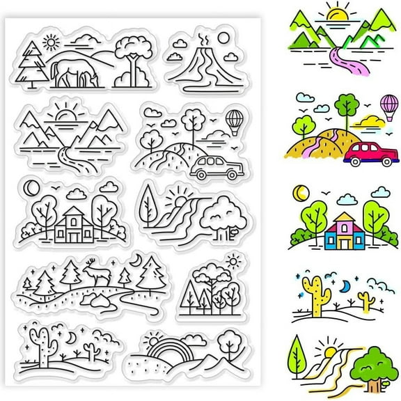 PH Line Drawing Clear Stamp Rural Tree Mountain Village Silicone Stamp Forest Clear Stamps Transparent Rubber Stamp for Paper Crafting Photo Albums Holiday Cards Scrapbooking Gift Tags Colorful DIY