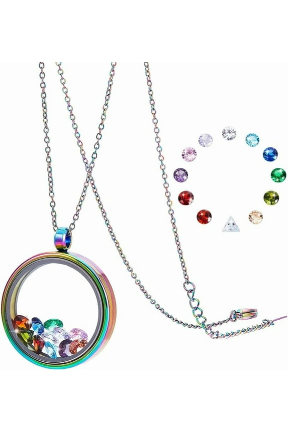 PH Locket Necklace Making Kit Photo Friendship Necklace Floating Charm Memorial Necklaces with 24pcs Rhinestons for Birthday Christmas Valentine's Day Anniversary 1.4x1.2 Inch Metal Rainbow Color