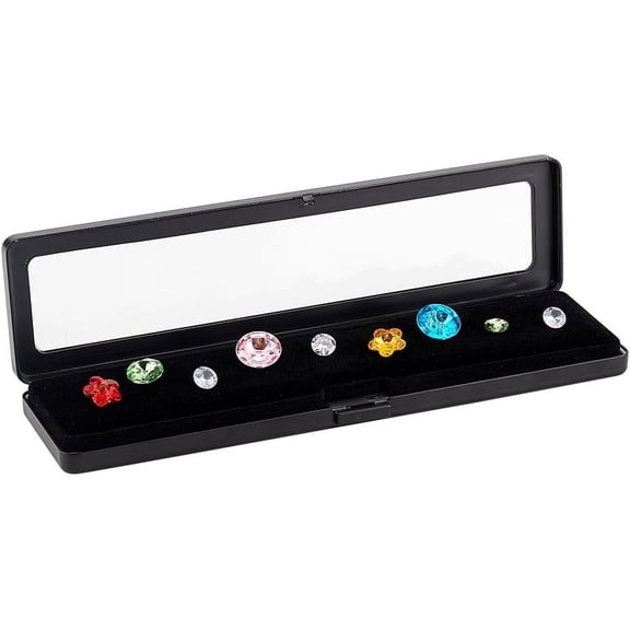 PH Loose Diamond Display Box Black Gemstone Display Case Stainless Steel Gem Storage Container Rectangle Jewelry Organizer with Transparent Window for Gems Display and Gift 7.8x1.9x0.65 in for DIY