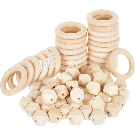 PH Macrame Wood Beads Rings 50pcs 20mm Faceted Nugget Unfinished Wood Beads 25pcs 55mm Wooden Rings Circles for DIY Pendant Connectors Jewelry Making Macrame Wall Hanging